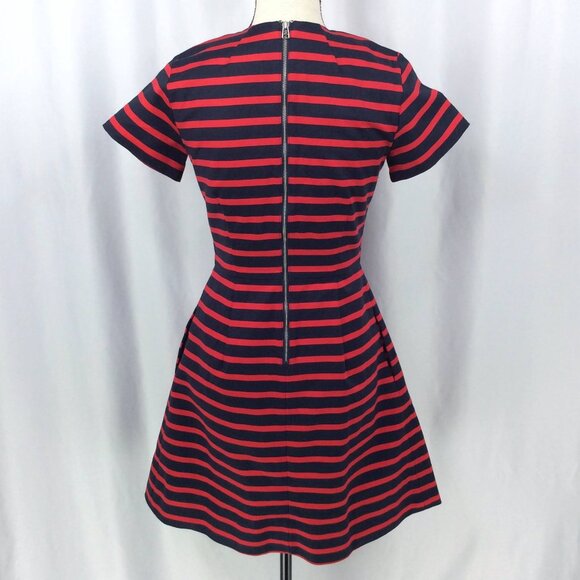 Gap Fit & Flare Dress Womens Size 2 Red Navy Blue Striped Short Sleeve V-Neck - Picture 3 of 10